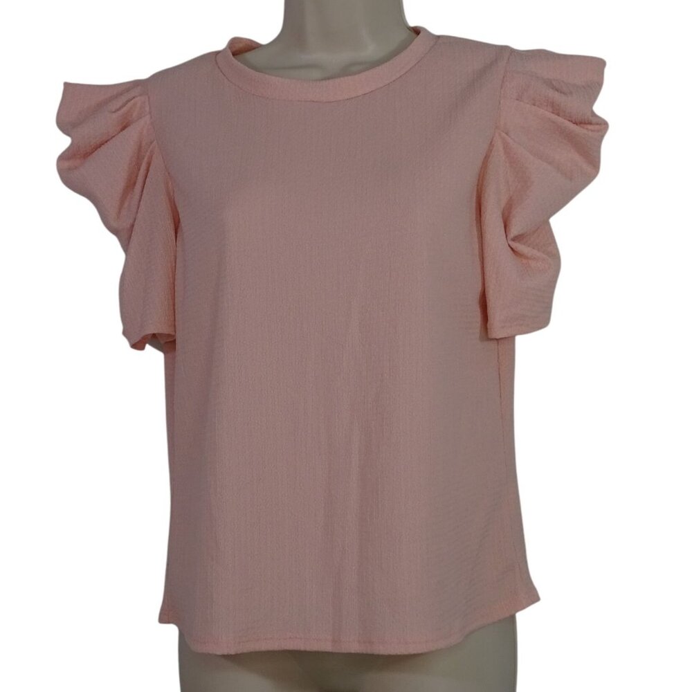Love J Puff Short Sleeve Pink Textured Top Women Size M Crew Neck NEW w/FLAW